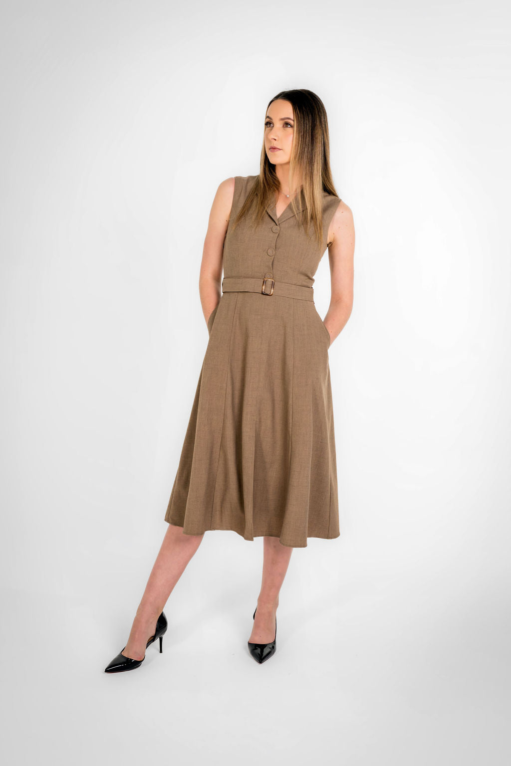 Paris Texture Brown Sleeveless Belted Midi Dress – PRIKLÆR