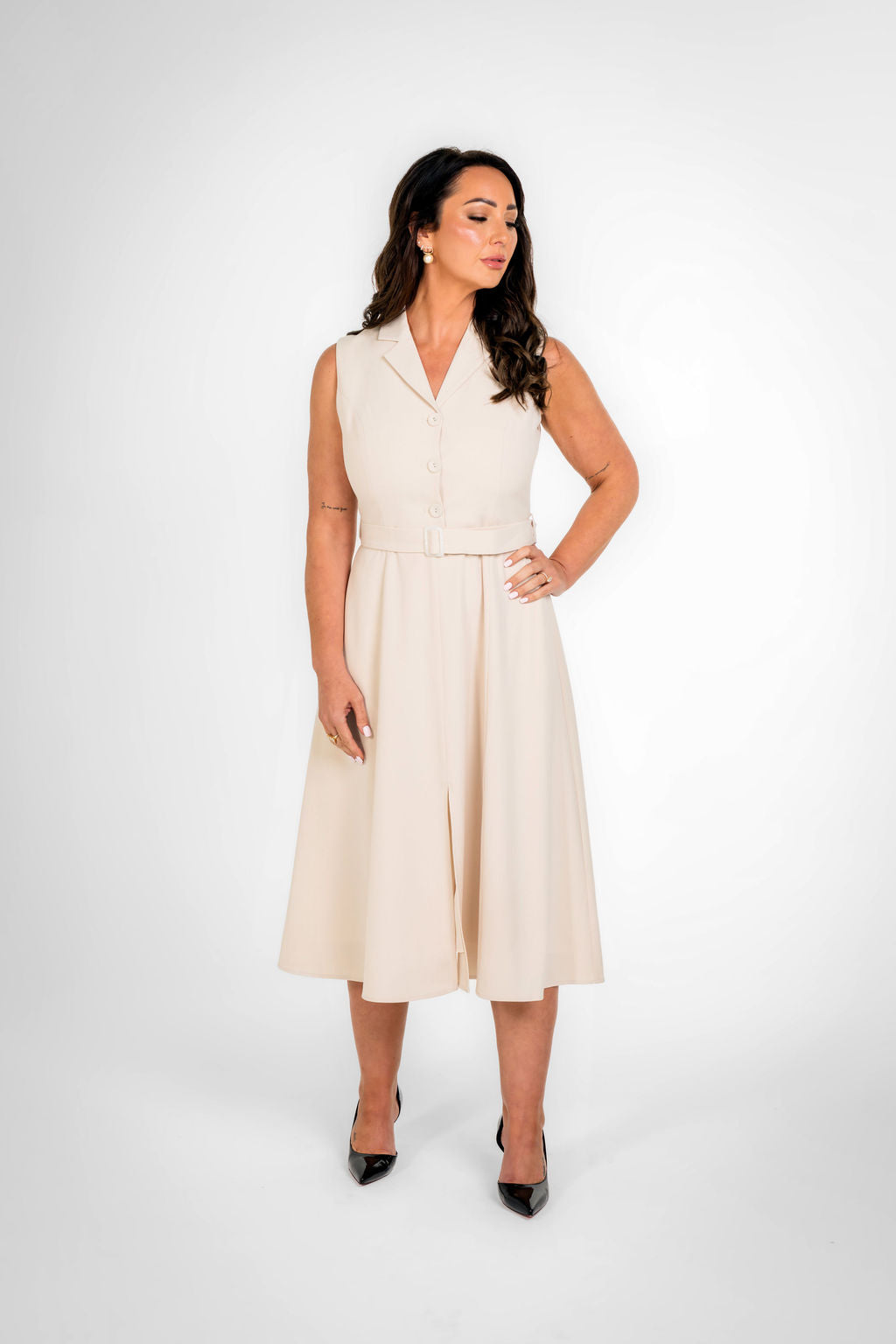 Paris Texture Cream Sleeveless Belted Midi Dress