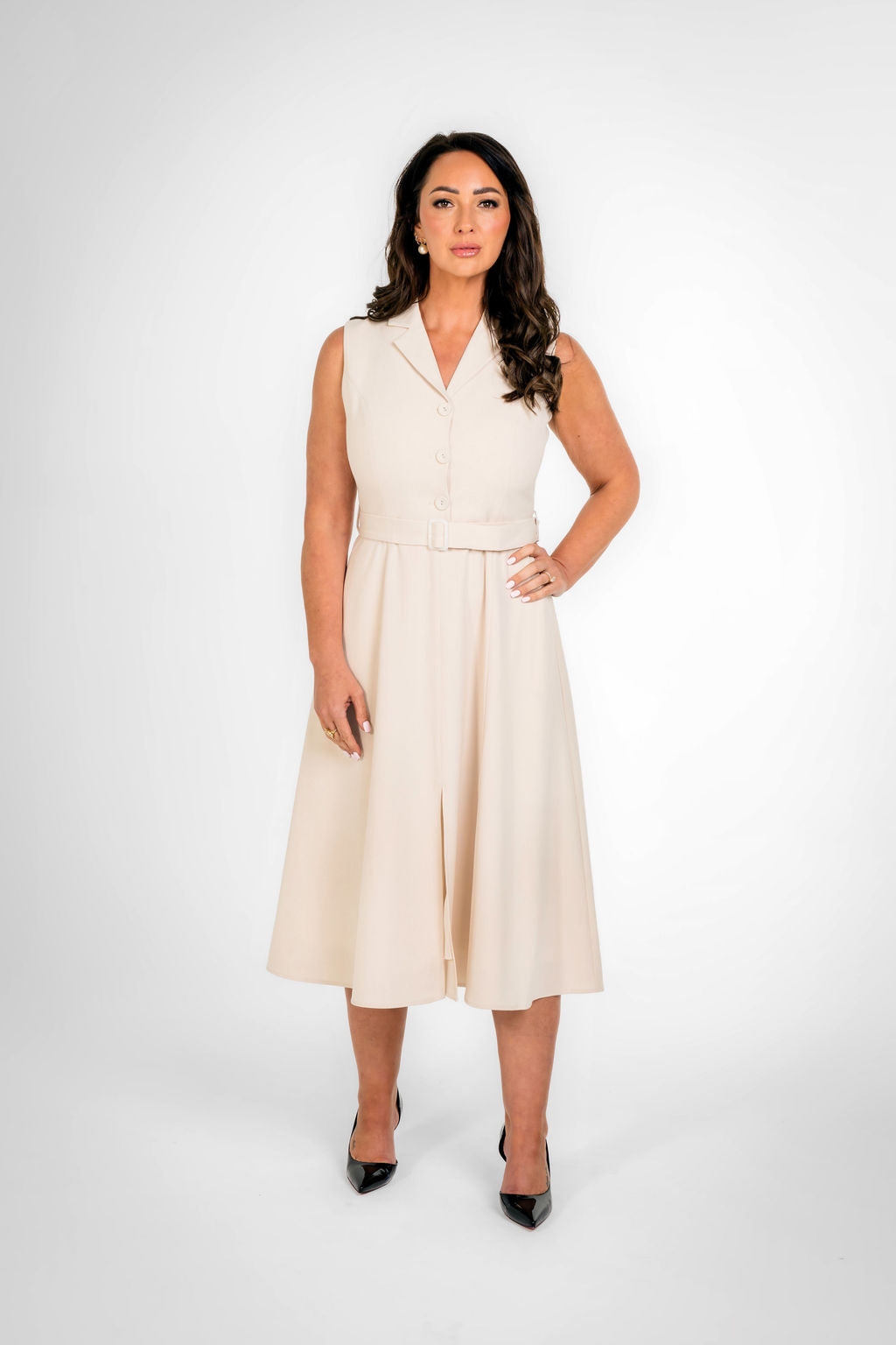 Paris Texture Cream Sleeveless Belted Midi Dress