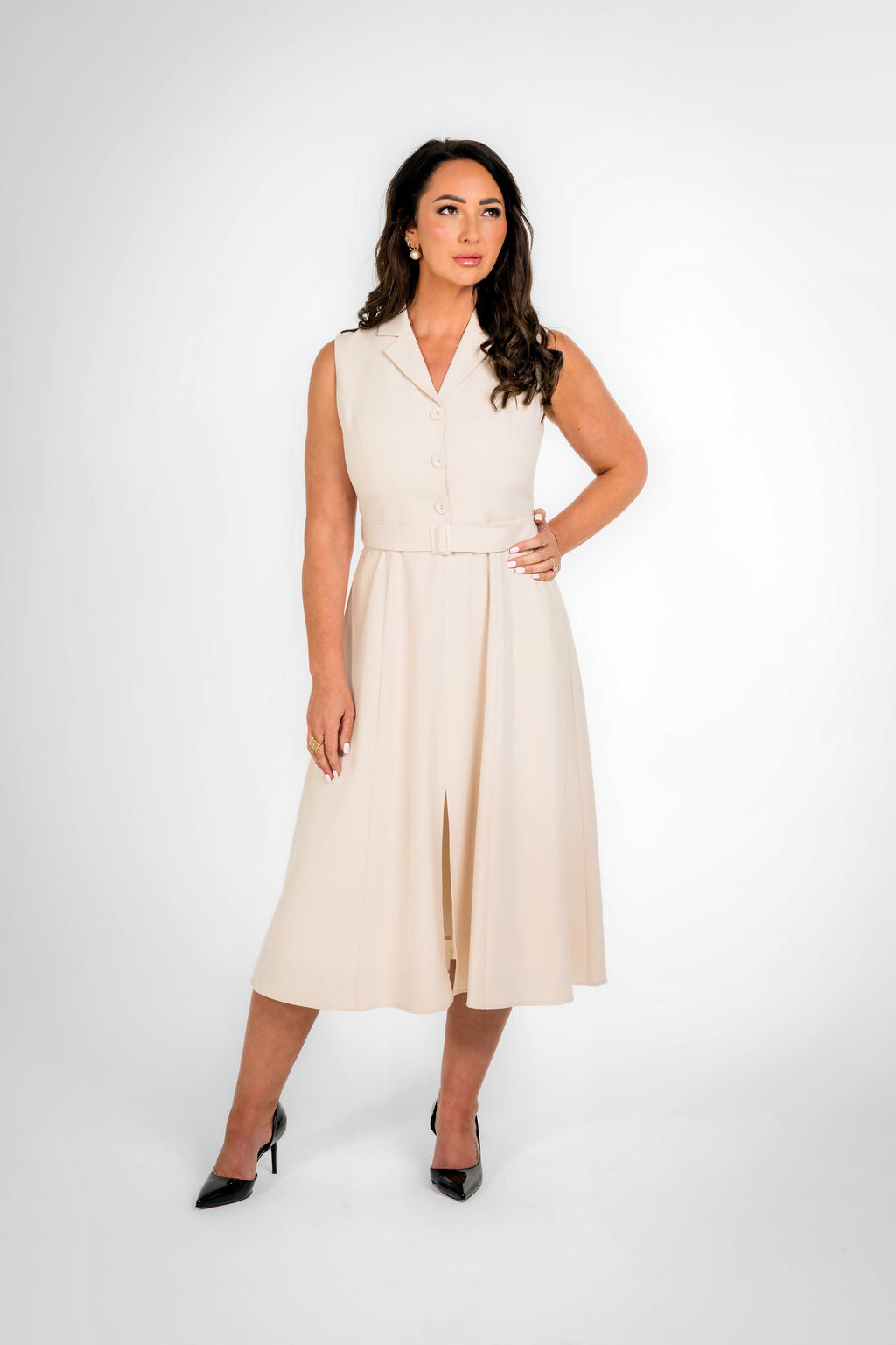 Paris Texture Cream Sleeveless Belted Midi Dress