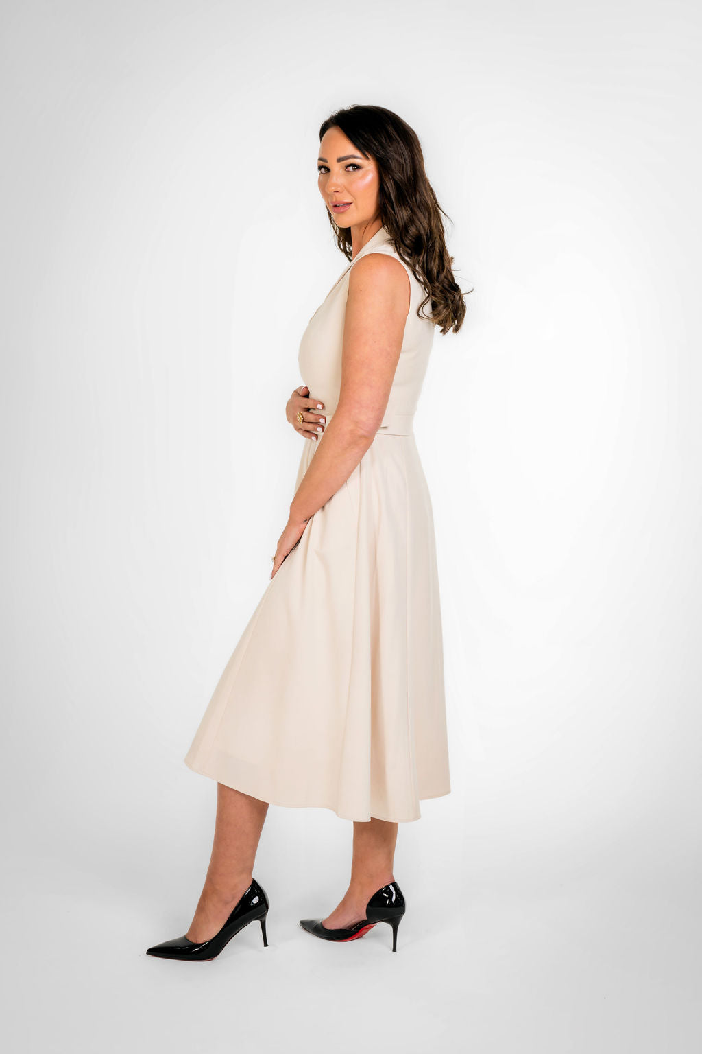 Paris Texture Cream Sleeveless Belted Midi Dress
