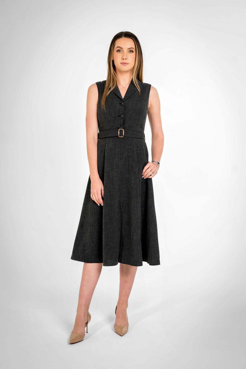 Paris Texture Black Sleeveless Belted Midi Dress