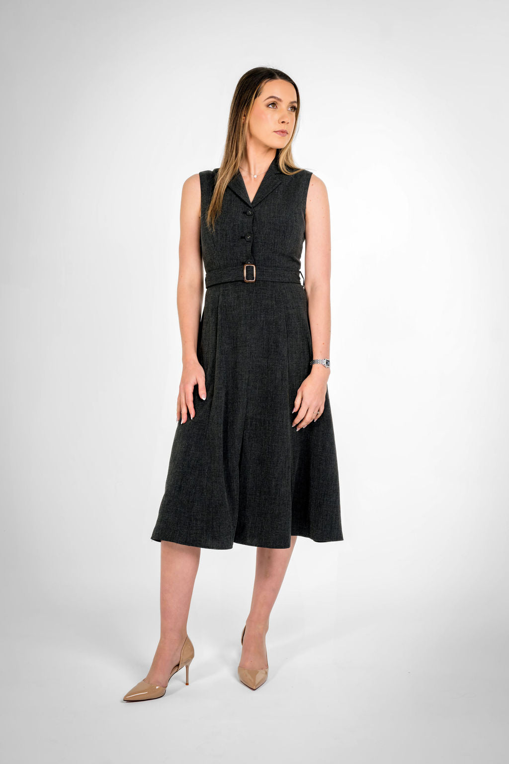 Paris Texture Black Sleeveless Belted Midi Dress