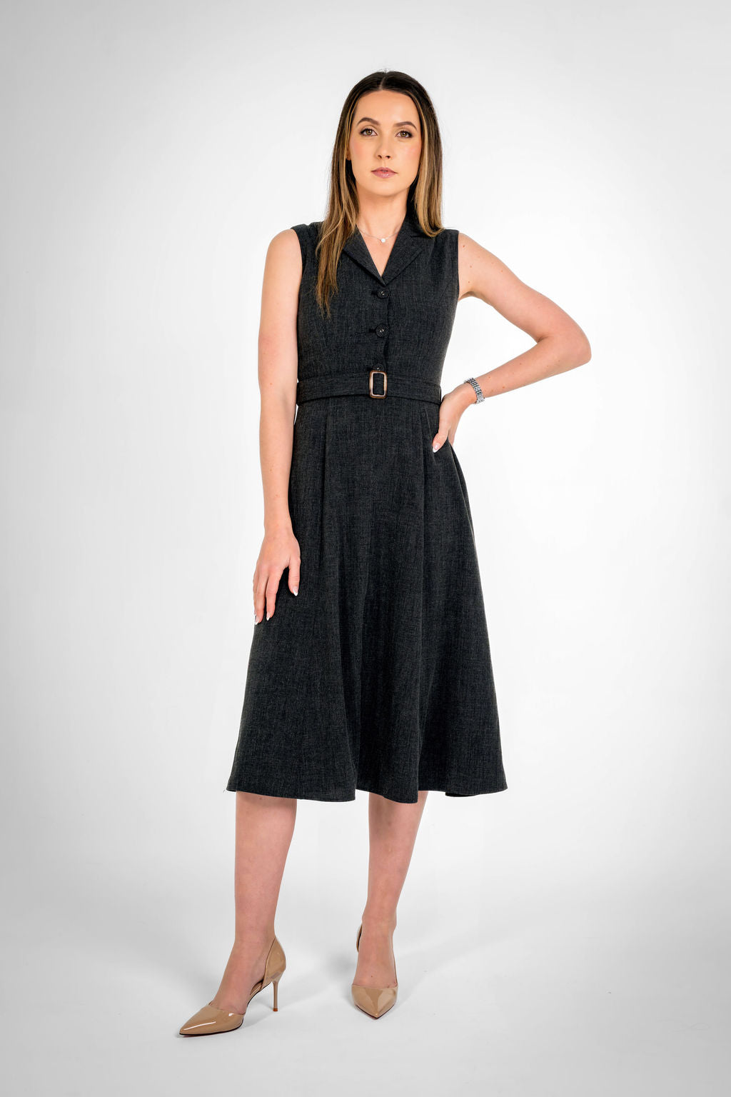 Paris Texture Black Sleeveless Belted Midi Dress