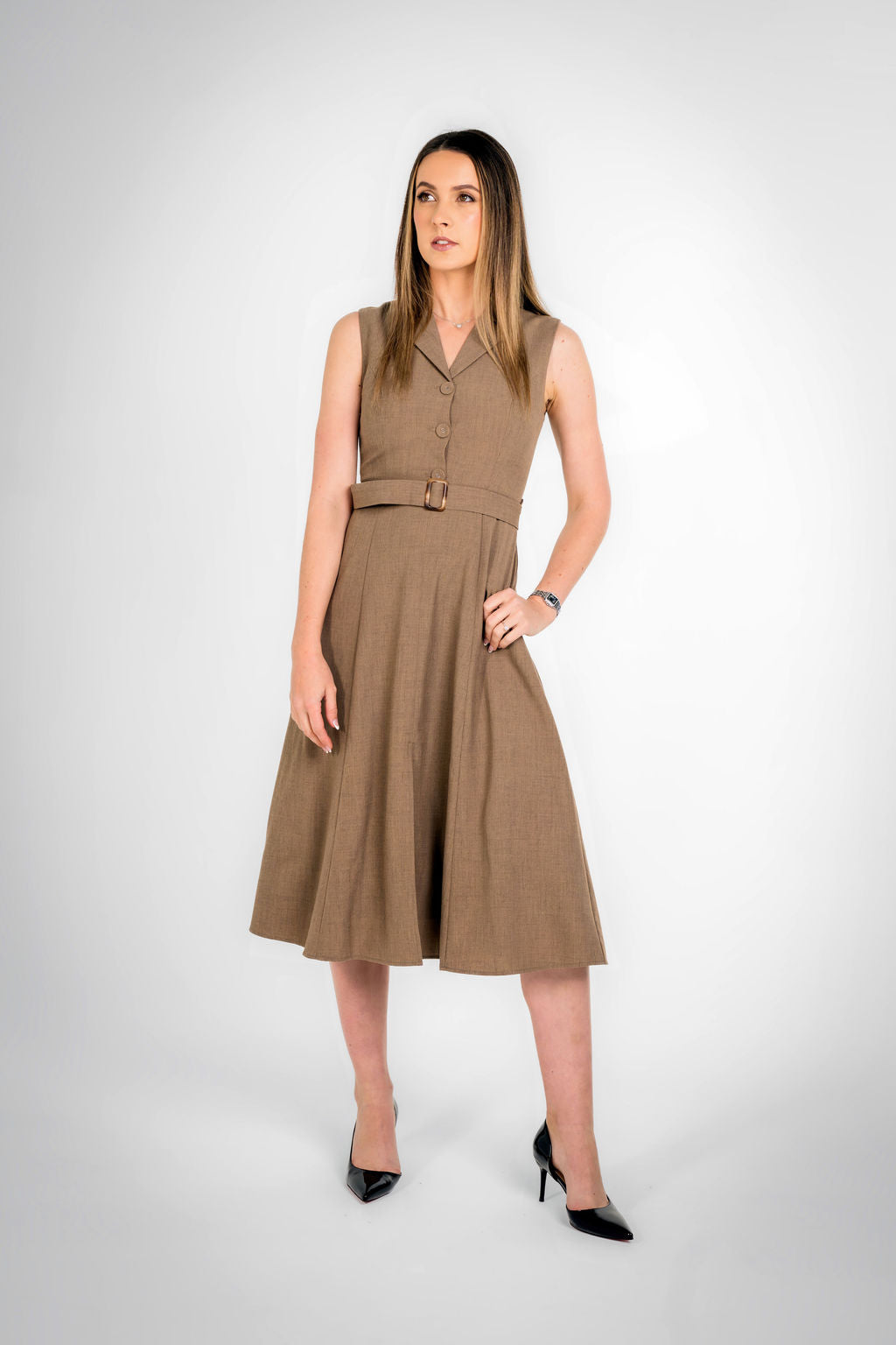 Paris Texture Brown Sleeveless Belted Midi Dress