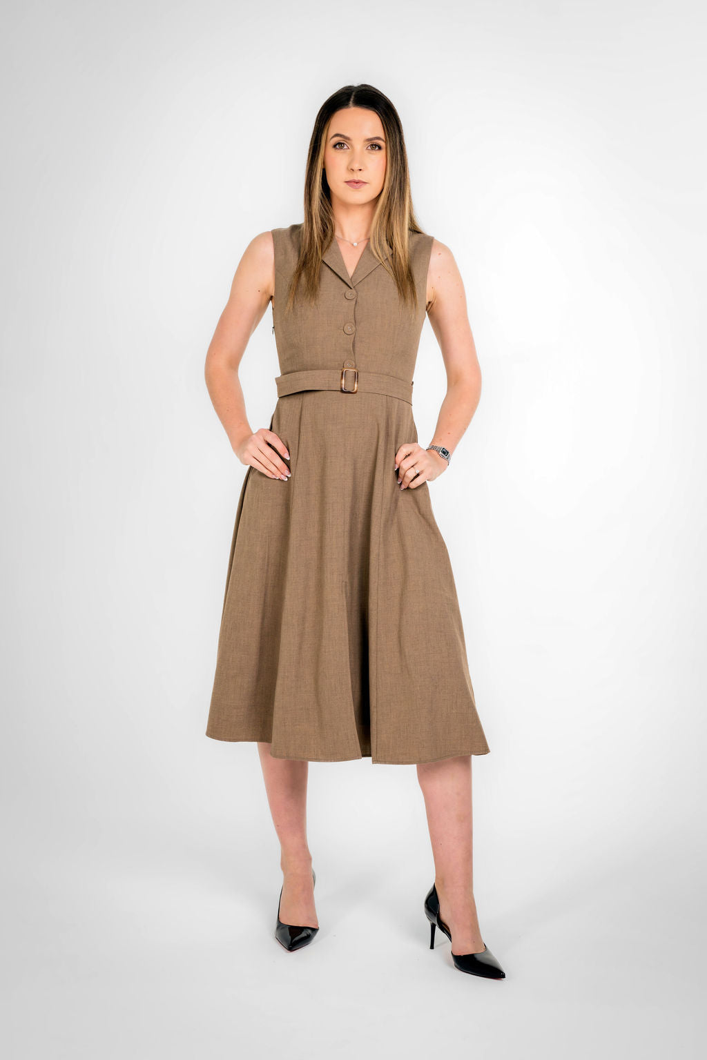Paris Texture Brown Sleeveless Belted Midi Dress
