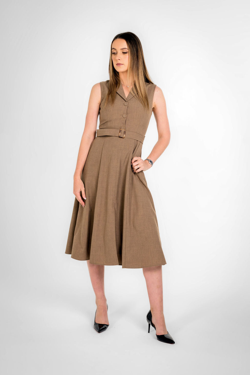 Paris Texture Brown Sleeveless Belted Midi Dress