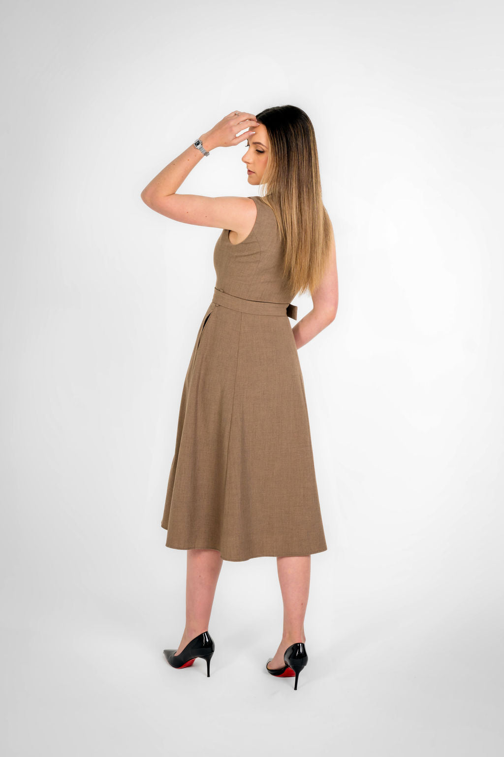 Paris Texture Brown Sleeveless Belted Midi Dress