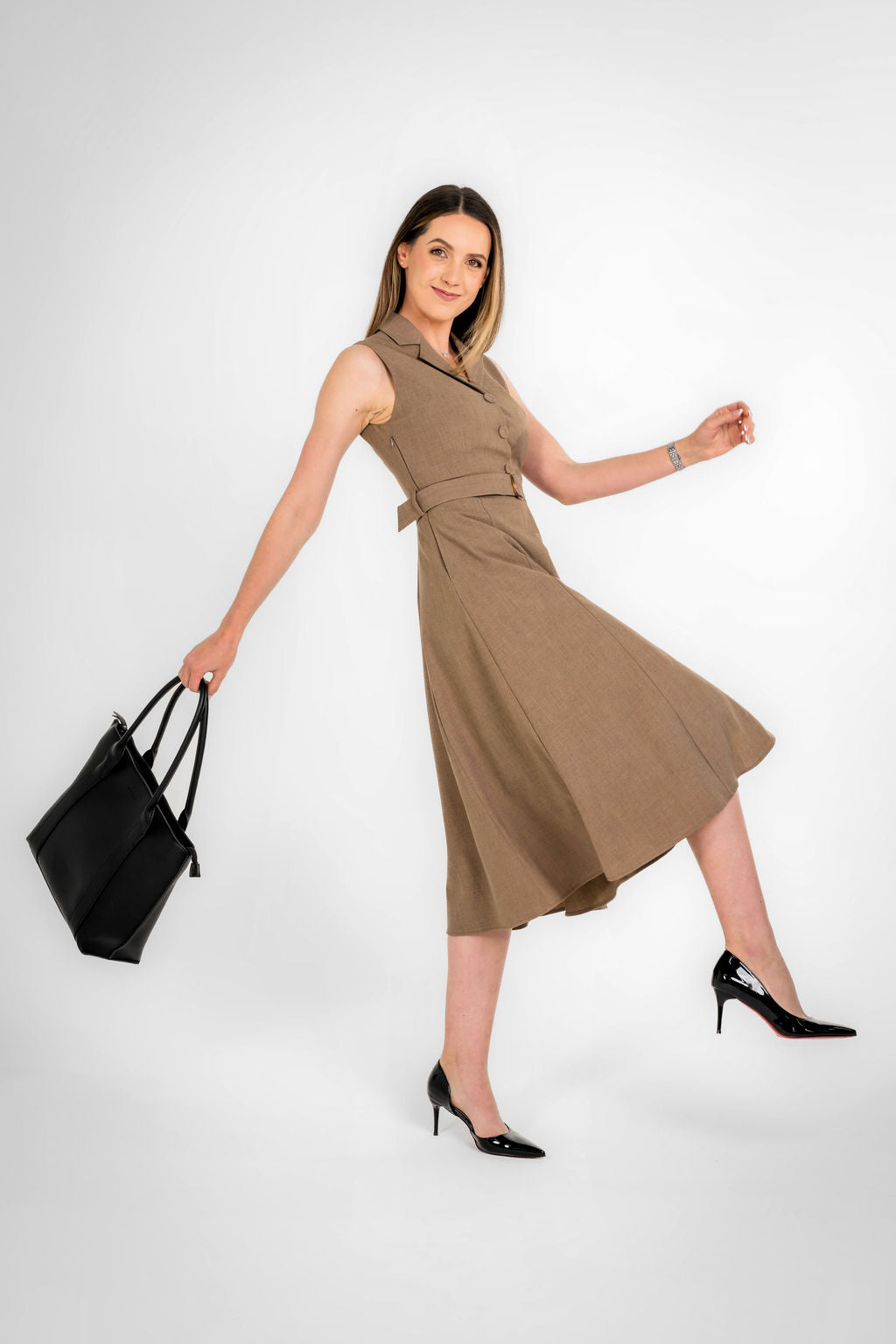 Paris Texture Brown Sleeveless Belted Midi Dress