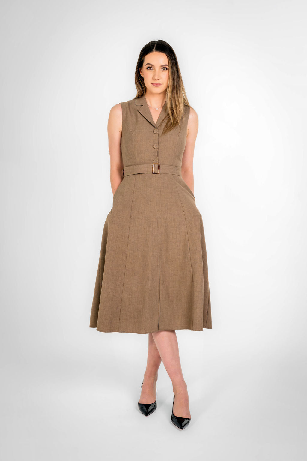 Paris Texture Brown Sleeveless Belted Midi Dress