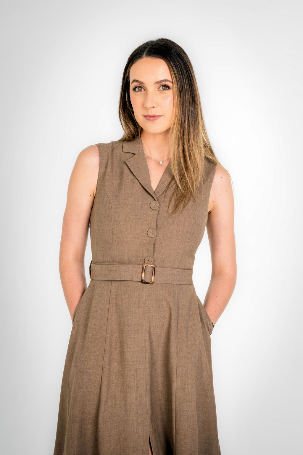 Paris Texture Brown Sleeveless Belted Midi Dress